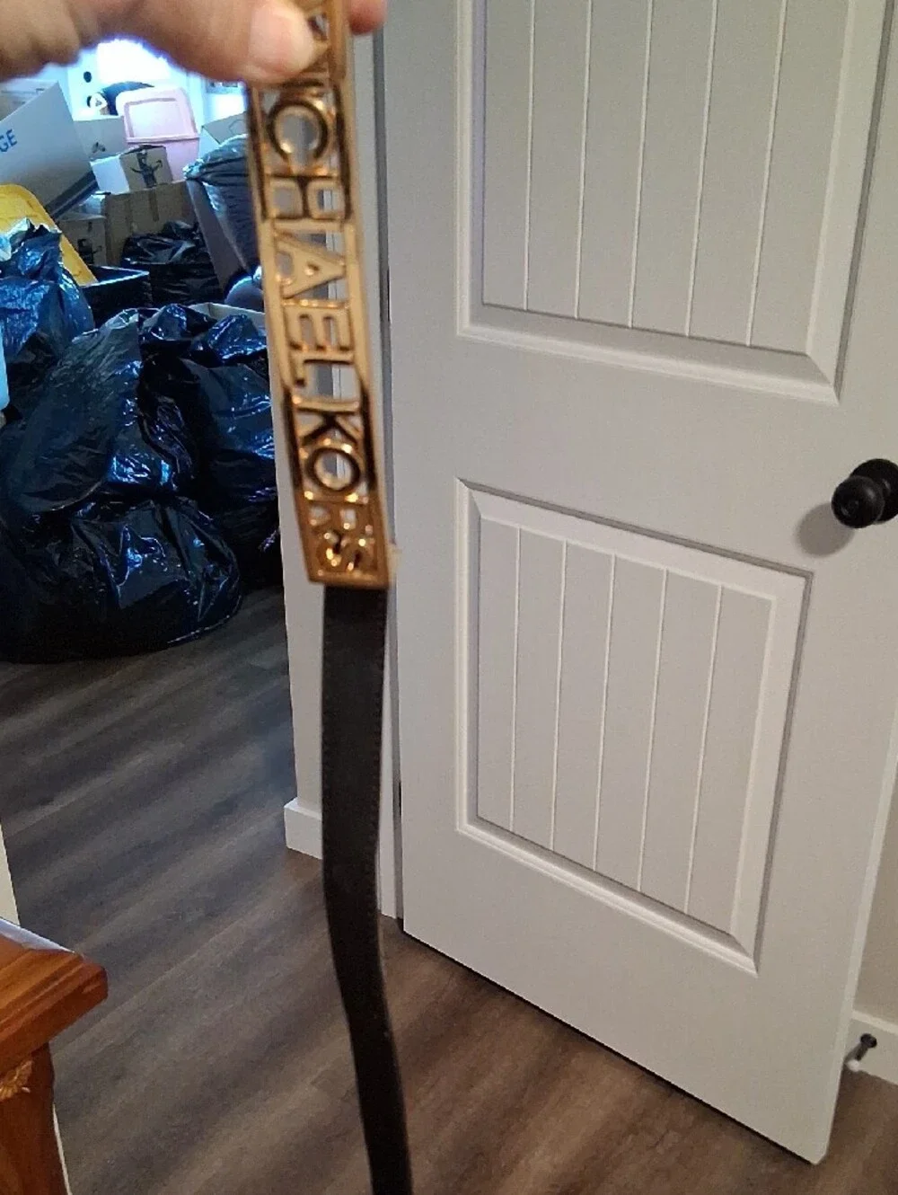Michael Kors Gold Logo Plaque Belt with Black Strap